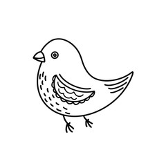 Fototapeta na wymiar Cute flying bird in doodle style on a white background. Black and white hand drawn illustration of a funny bird close-up. Isolated object for printing, coloring, postcards.