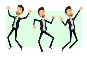 Cartoon flat funny cute bearded rock and roll man character in leather jacket. Ready for animation. Happy boy dancing and jumping. Isolated on white background. Vector icon set.