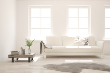 White living room with sofa. Scandinavian interior design. 3D illustration