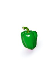 Green bell pepper stands on a white background. Bright color. One object isolated on white background.