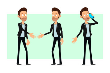 Cartoon flat funny cute bearded rock and roll man character in leather jacket. Ready for animation. Business boy talking on phone and shaking hands. Isolated on white background. Vector icon set.