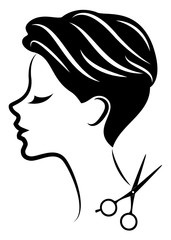 Silhouette of a cute lady. The girl shows a hairstyle on medium and short hair and scissors. Suitable for logo, hairdresser advertising. Vector illustration