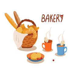 Vector hand drawn lettering and illustration of bakery products isolated on white background. Wicker basket full of fresh broad and croissants. Cute tea mugs with pieces of lemon. 