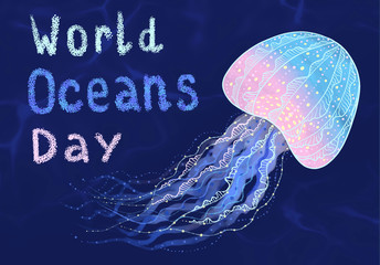 World oceans day, 8 june. Sea animal jellyfish. Underwater view . Problem of plastic pollution of nature, ecosystem, ecology of planet. Design element. 