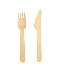 Wood knife and fork isolated on white background. Zero waste concept. No plastic. Top view, Sustainable life