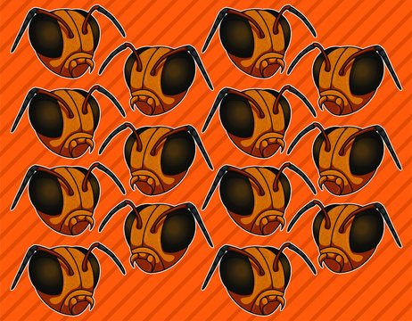Asian orange giant hornet or Vespa mandarinia head wallpaper over geometric black pattern. Vector illustration