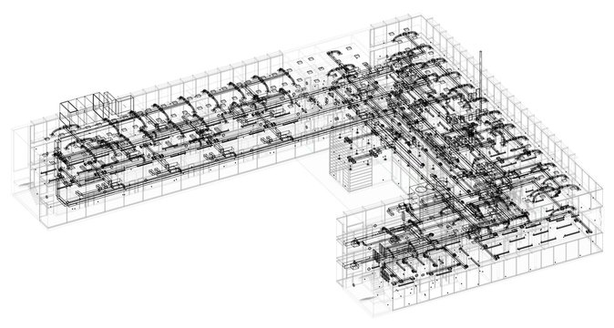 architectural isometric blueprint of  HVAC system in BIM