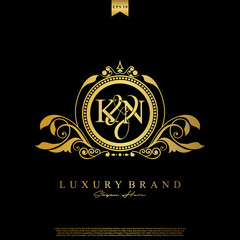 Logo Initial letter KN luxury vector mark, gold color elegant classical symmetric curves decor.