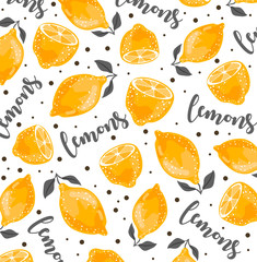 Summer pattern with sliced lemons. Vector illustration. Watercolor lemon fruit with leaves pattern on dark background. Lemon citrus tree. 