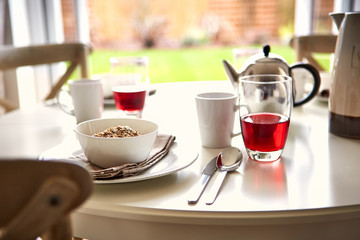 Breakfast served on table in the morning