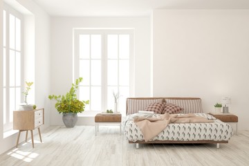 Fototapeta premium White bedroom interior. Scandinavian design. 3D illustration