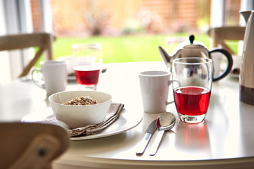 Breakfast served on table in the morning