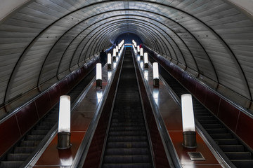 Metro escalators in Moscow.