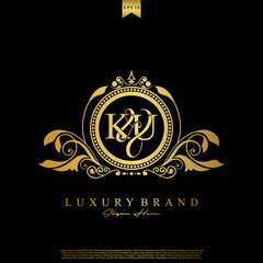 Logo Initial letter KU luxury vector mark, gold color elegant classical symmetric curves decor.