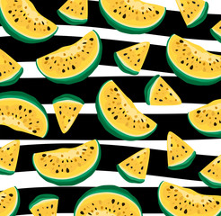Vector summer pattern with yellow watermelon. Vector illustration. 
Watercolor drawing of yellow watermelon.
