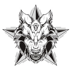 Black and white tattoo of a wolf head with star. Vector illustration