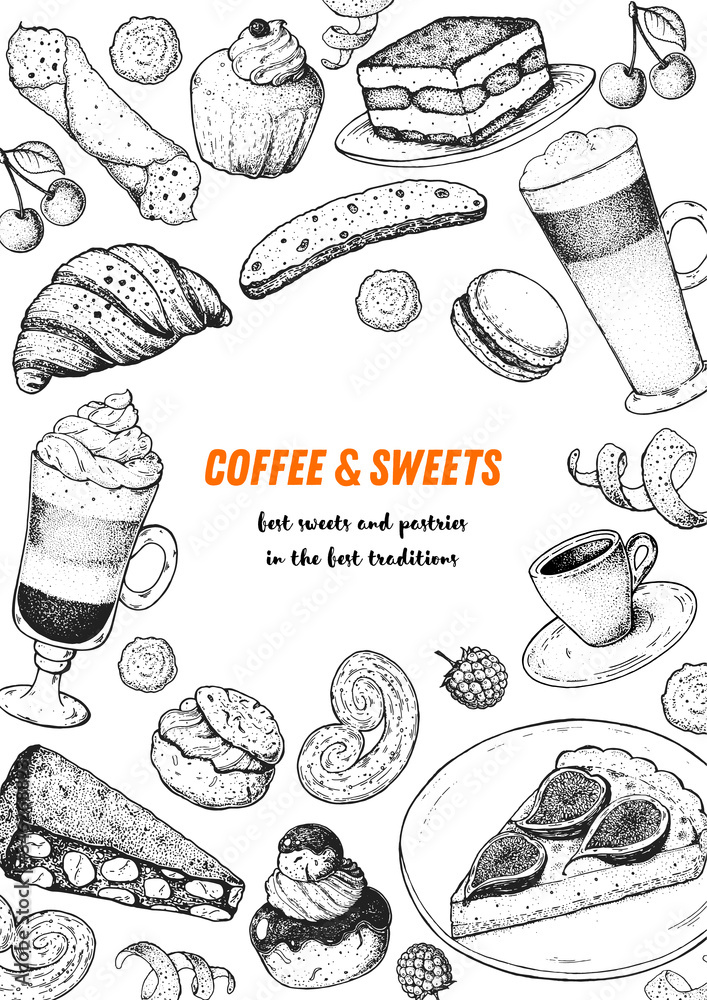 Wall mural Coffee shop menu design. Hand drawn sketch illustration. Coffee and desserts. Cafe menu elements. Desserts for breakfast.