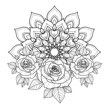 Hand Drawing Roses Flower With Leaves And Mandala Ornament For Greeting Card, Invitation, Henna Drawing And Tattoo Template. Rose Tattoo. Vector Illustration