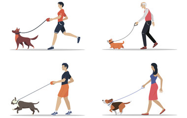 Man and women walking the dogs of different breeds. Active people, leisure time. Set of flat vector illustrations.