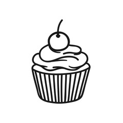 Cupcake with cherry on top line icon, outline vector sign, linear style pictogram isolated on white. Desert symbol, logo illustration. Pixel perfect vector graphics