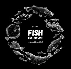 Fish sketch collection. Hand drawn vector illustration. School of fish vector illustration. Food menu illustration. Hand drawn fish set. Engraved style. Sea and river fish logo.