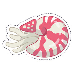 Sticker sea clam Nautilus Pompilius in cartoon style.