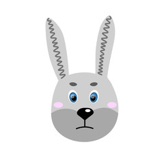 Colorful cute vector hare face. One object on a white background. Cartoon flat illustration. Emoji funny animal. Embarrassed smile emotion. Template icon. Logo, sticker rabbit.