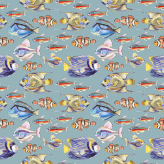 Seamless pattern - tropical fish - colored pencils illustration