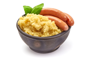 Sausages with mashed potatoes, isolated on white background
