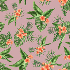 Seamless pattern with watercolor palm leaf. Plumeria pattern. Summer floral endless pattern.  Perfect for website design, packaging, wrapping paper, invitation, textile, fabrics, print, wallpaper.