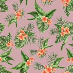  Seamless pattern with watercolor palm leaf. Plumeria pattern. Summer floral endless pattern.  Perfect for website design, packaging, wrapping paper, invitation, textile, fabrics, print, wallpaper. © Яніна Бондар