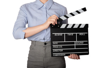 Woman holding Clapperboard or movie slate use in video production ,film, cinema industry.