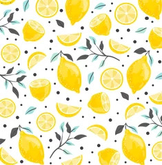 Photo sur Plexiglas Citrons Modèle d& 39 été avec des citrons tranchés. Illustration vectorielle. Fruit citron aquarelle avec motif de feuilles sur fond sombre. Citronnier agrume.
