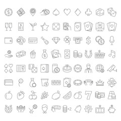 Casino and gamble set. Collection of vector line icons with elements for mobile concept and web app. Icons of slot machine, roulette, playing cards, dice, poker and more. Design with editable stroke.