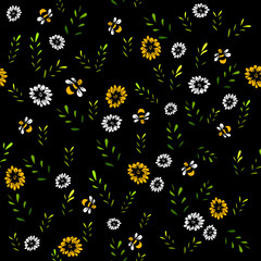 A seamless background of twigs and bees. Vector illustration