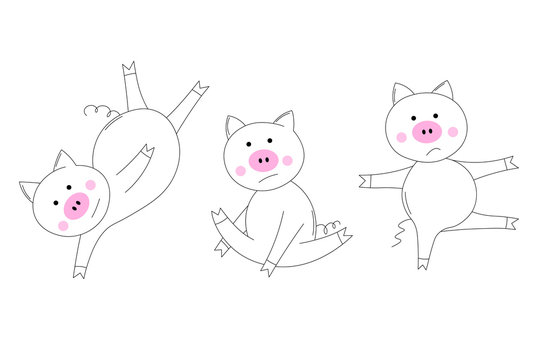 Animals set. The piglet does exercises, goes in for sports. Coloring Book for kids. Colouring pictures with cute pig. Outline vector illustration. Isolated cartoon adorable character. Template icons.