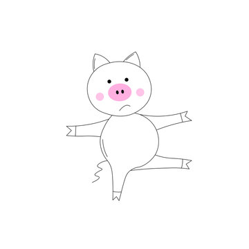 The piglet does exercises, goes in for sports. Coloring Book for kids. Colouring pictures with cute 
pig. Outline vector animals illustration. Isolated cartoon adorable character.