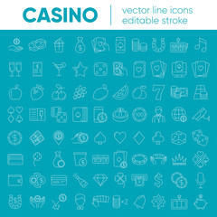 Casino and gamble set. Collection of vector line icons with elements for mobile concept and web app. Icons of slot machine, roulette, playing cards, dice, poker and more. Design with editable stroke.