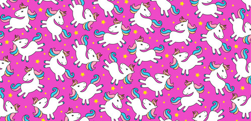 Vector pattern with cute unicorns. greeting card, Vector seamless pattern with cute cartoon unicorns. Wrapping paper or fabric. Horizontal banner with unicorns. 