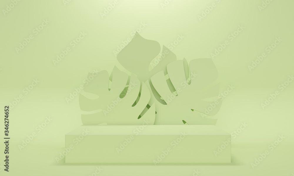 Poster rectangular podium with tropical leaves on a green background. 3d rendering