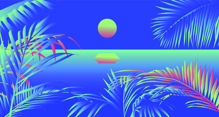 Fototapeta na wymiar Sunset above the ocean, landscape with coconut palm trees or ferns. Lounge atmosphere on vacations. Vaporwave and retrowave style illustration for print or cover.