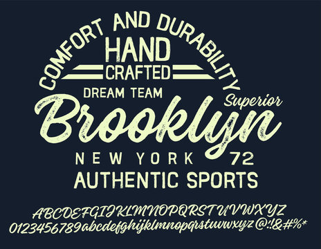 Vector illustration on a theme of American jeans, denim and raw. Vintage design. Grunge background. Typography, t-shirt graphics, print, poster, banner, flyer, postcard.Handmade Vintage Font for label