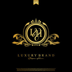 Logo Initial letter LH luxury vector mark, gold color elegant classical symmetric curves decor.