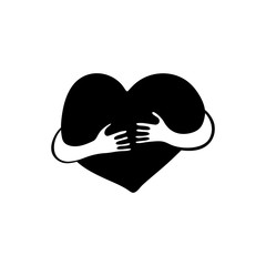 Heart with hugging arms. Love yourself. Black shape with white details. Hand drawn vector illustration.