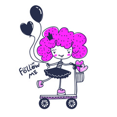 Funny girl illustration. Baby ride on scooter with star and hearts balloons. Funny girlish illustration. 