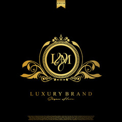 Logo Initial letter LM luxury vector mark, gold color elegant classical symmetric curves decor.