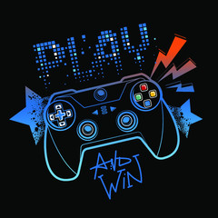 Blue and orange gamepad illustration with pixel text Play and graffiti stars on black background.  Gamer elements for boy t shirt design