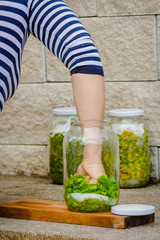 Making of spruce tip syrup at home in a jar. Lots of vitamins for cold days.