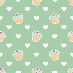 Tile vector pattern with cupcake and hearts on mint green background