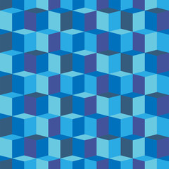 Geometric / isometric blue cubes - seamless pattern. Monochrome abstract repeating background. Vector illustration. 